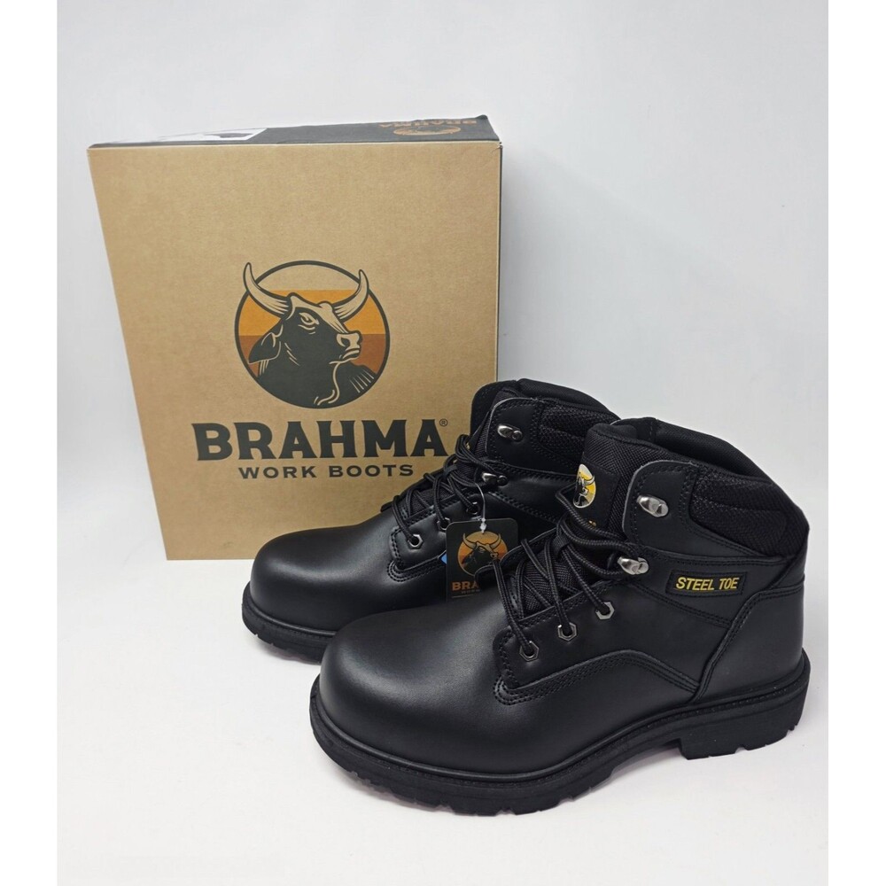 Brahma Mens 6" Wide Width Gus 2.0 Steel Toe Black Leather Work Boots Lace Up 11W